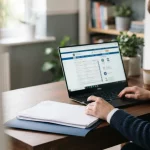 Sprawdzanie księgi wieczystej nieruchomości na ekranie laptopa