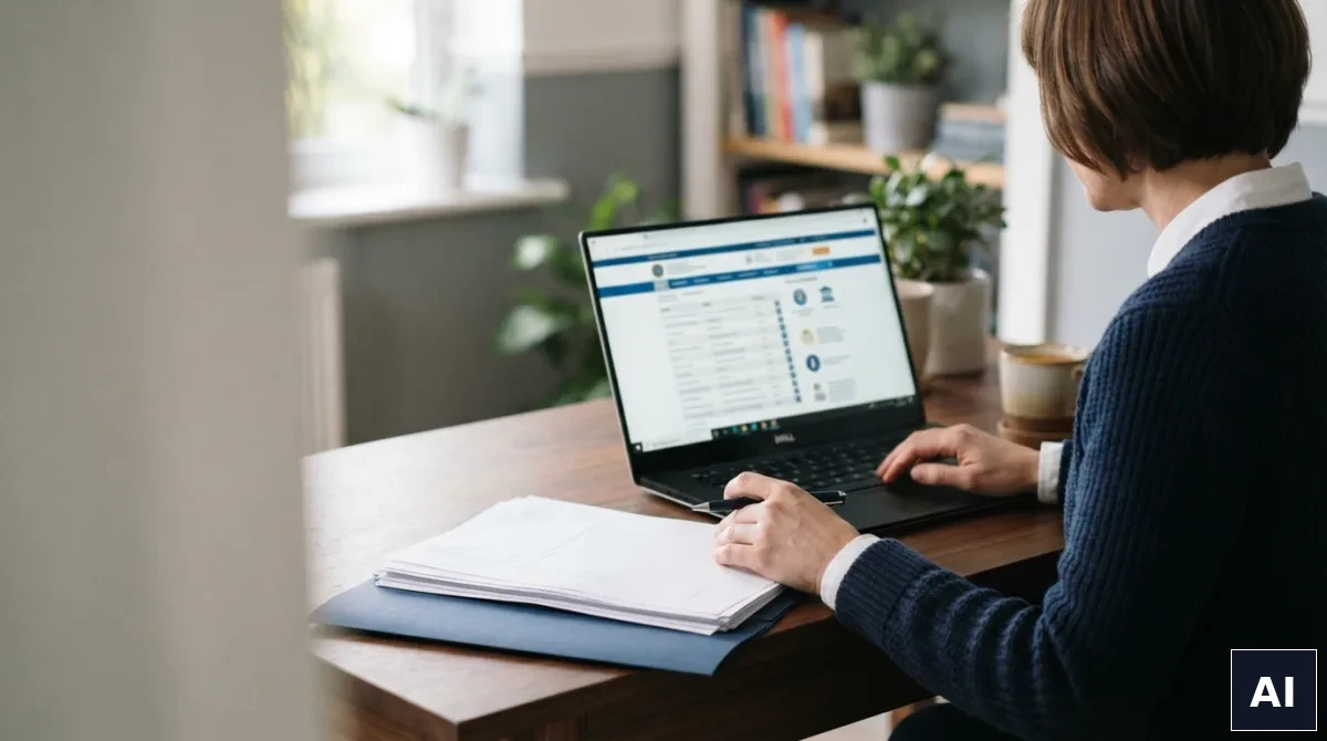 Sprawdzanie księgi wieczystej nieruchomości na ekranie laptopa